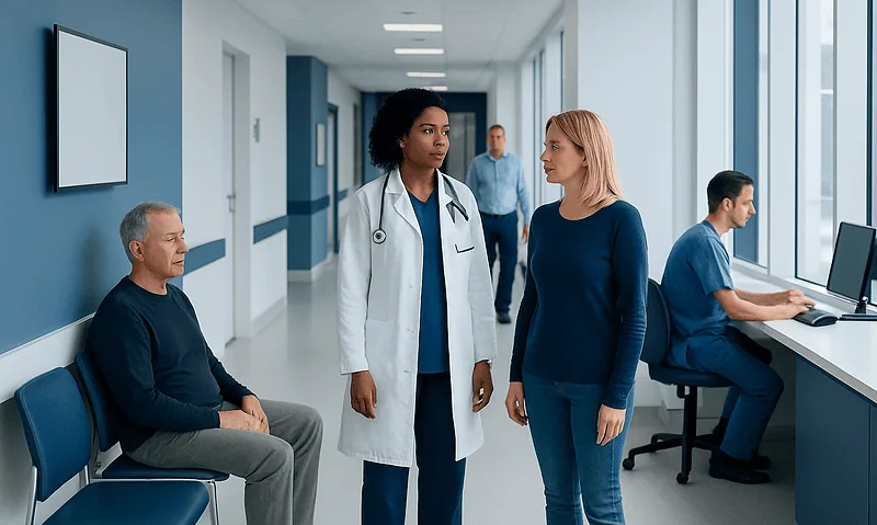 Doctor consulting with patient in hospital corridor.