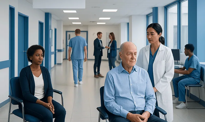 Patients waiting in a hospital corridor with medical staff attending to them.