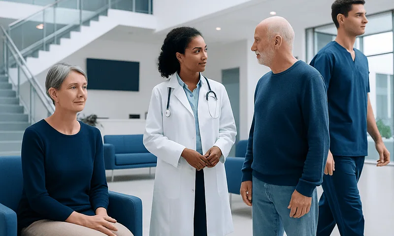 Medical team consulting with a patient in a modern hospital lobby.