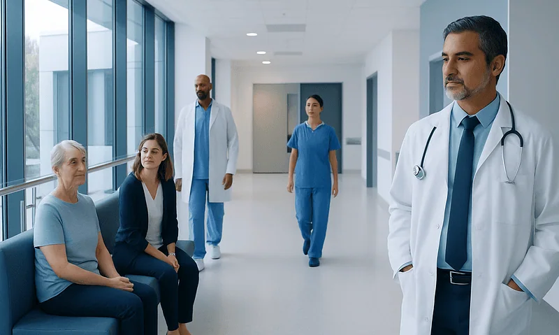 Medical team consulting with patient in hospital corridor.