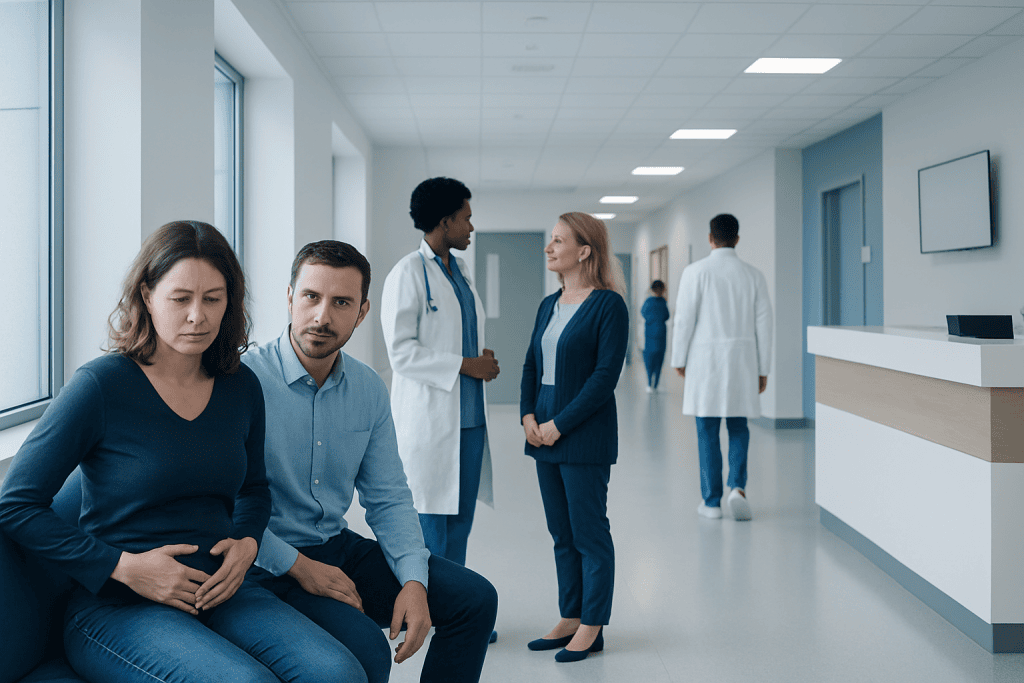 Stage 4 Endometriosis: Early Signs, Risk Factors, and How It Is Treated 1 Patients and doctors in a modern hospital corridor at Acibadem Hospitals Group.