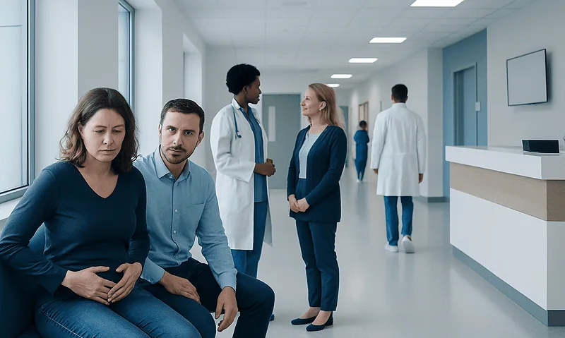 Patients and doctors in a modern hospital corridor at Acibadem Hospitals Group.