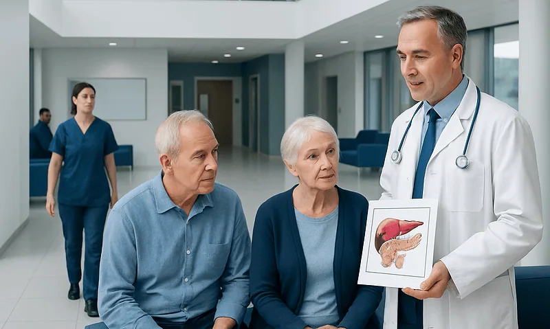 Doctor explaining pancreatic anatomy to elderly patients in hospital.