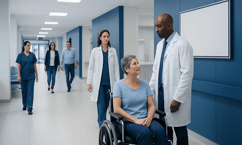 Hospital staff assisting a patient in a wheelchair in a modern corridor.
