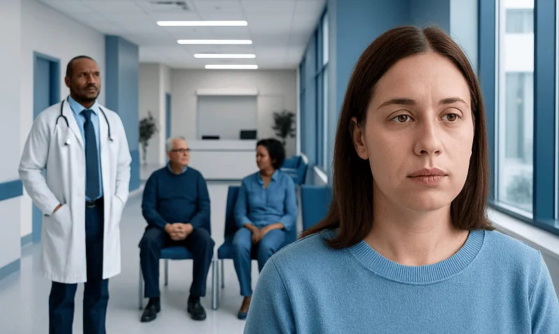 Young woman with lips stains in a medical consultation room.