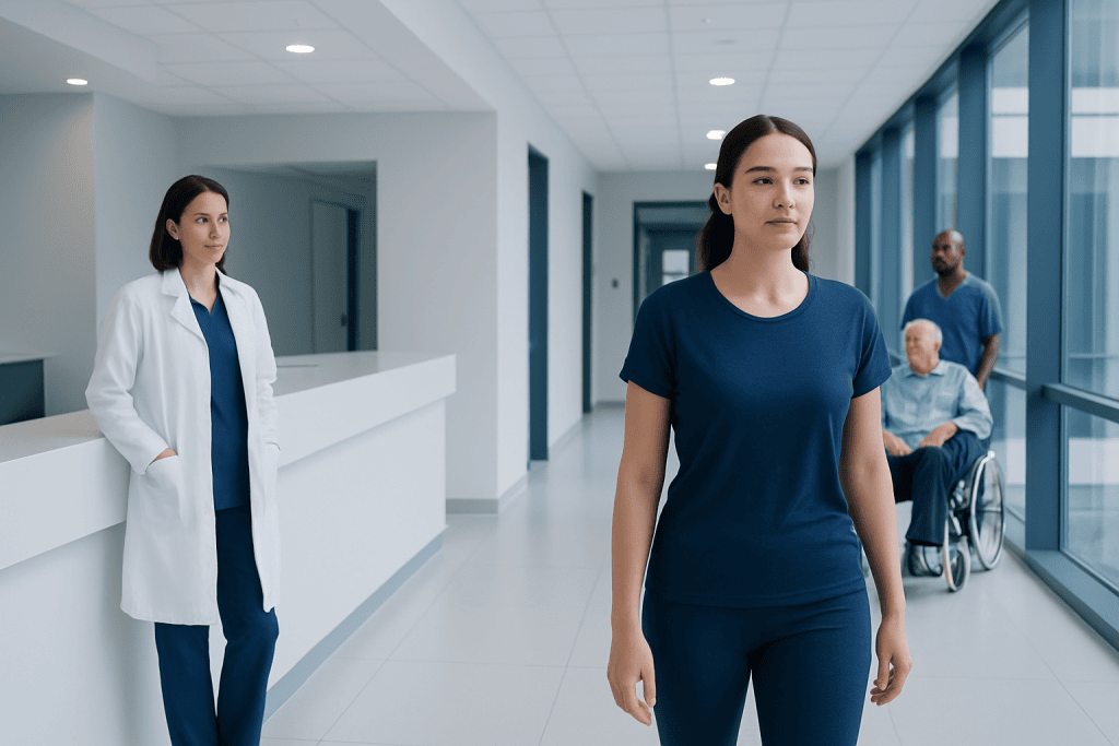 Stamina: A Complete Medical Overview 1 Young female patient walking in hospital corridor with medical staff and wheelchair patient.