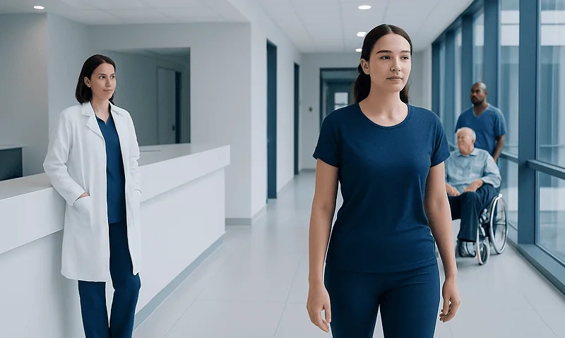 Young female patient walking in hospital corridor with medical staff and wheelchair patient.