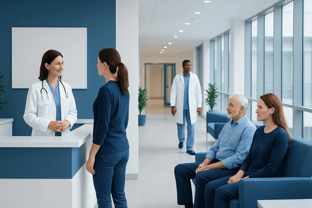 Stapedectomy: Benefits, Risks, and Recovery — A Complete Guide 1 Patients and doctors in a modern hospital waiting area.