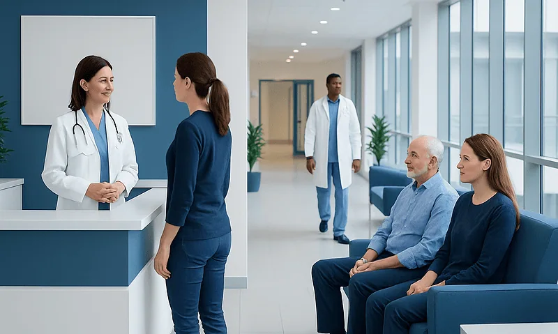 Patients and doctors in a modern hospital waiting area.