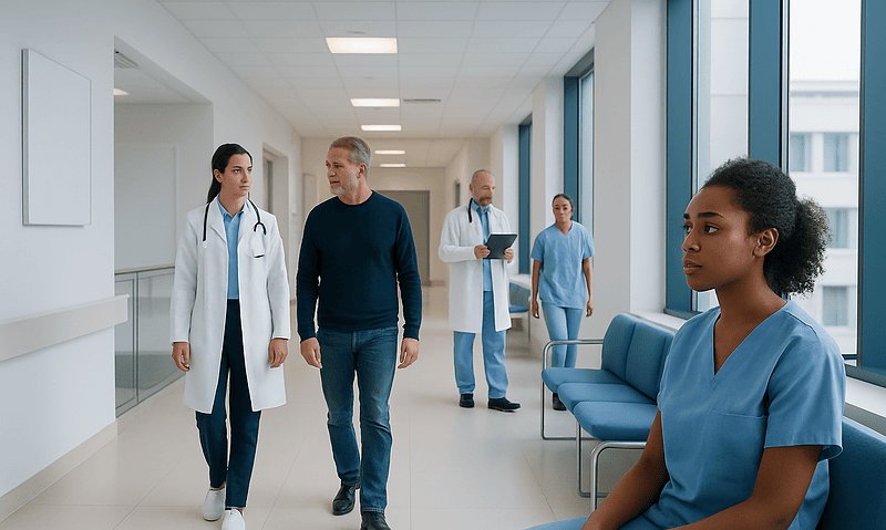 Starch: An Evidence-Based Guide for Patients 5 Medical professionals and a patient in a hospital corridor at Acibadem Hospitals Group.