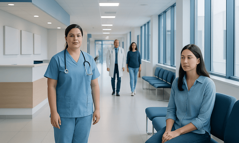 Healthcare professionals in a modern hospital corridor with patients and staff.