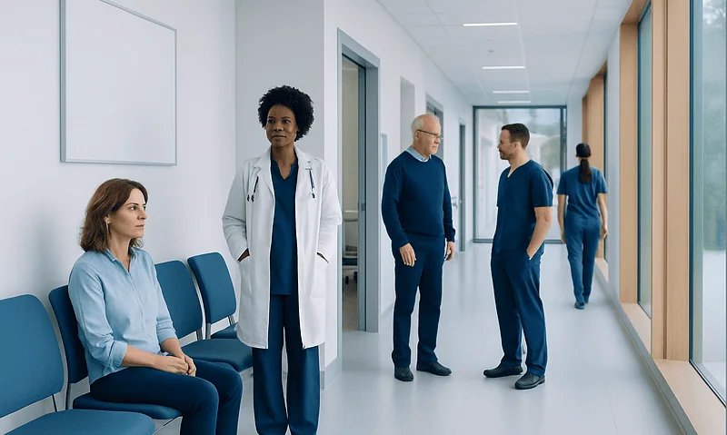 Healthcare professionals and patient in a hospital corridor.