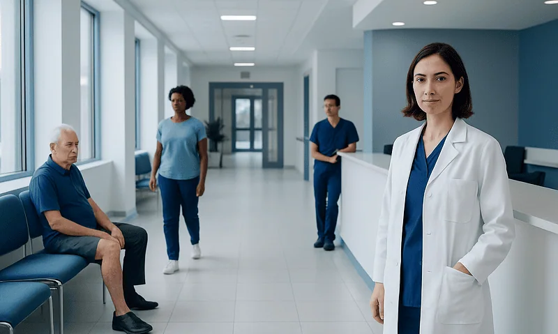Medical team at Acibadem Hospital with doctor and patients in corridor.