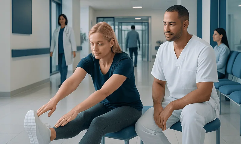 Physical therapy session with a patient stretching her leg in a hospital corridor.