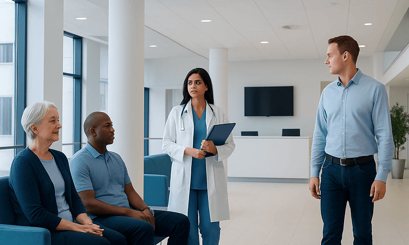 Doctor consulting with elderly and young patients in hospital lobby.