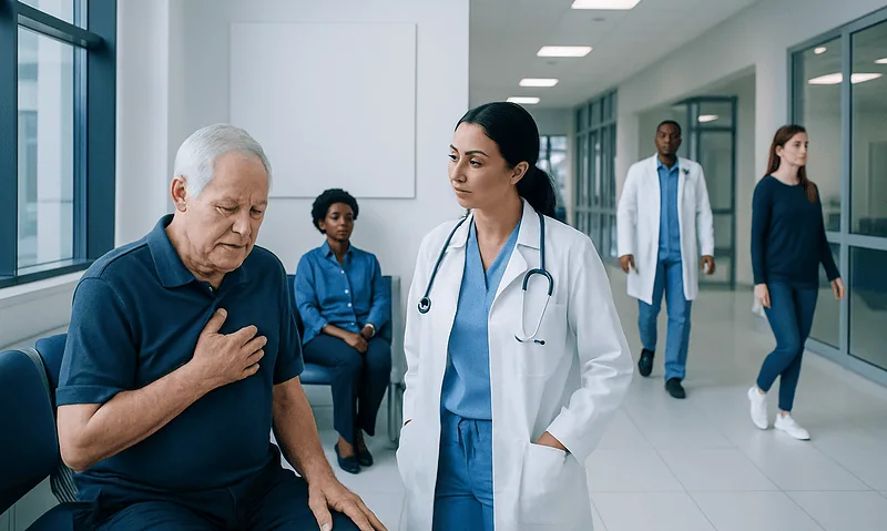 Doctor examining an elderly patient in a hospital corridor.