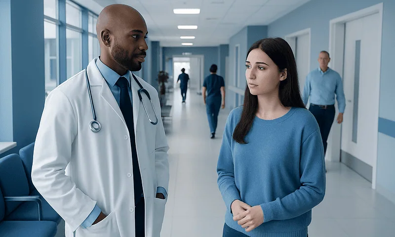 Doctor consulting with a young female patient in a hospital corridor.