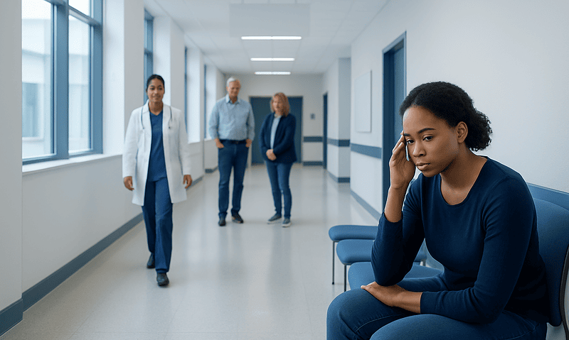 Young woman experiencing discomfort in a hospital corridor.