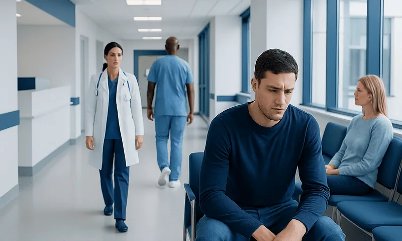 Patient waiting in hospital corridor with medical staff nearby.