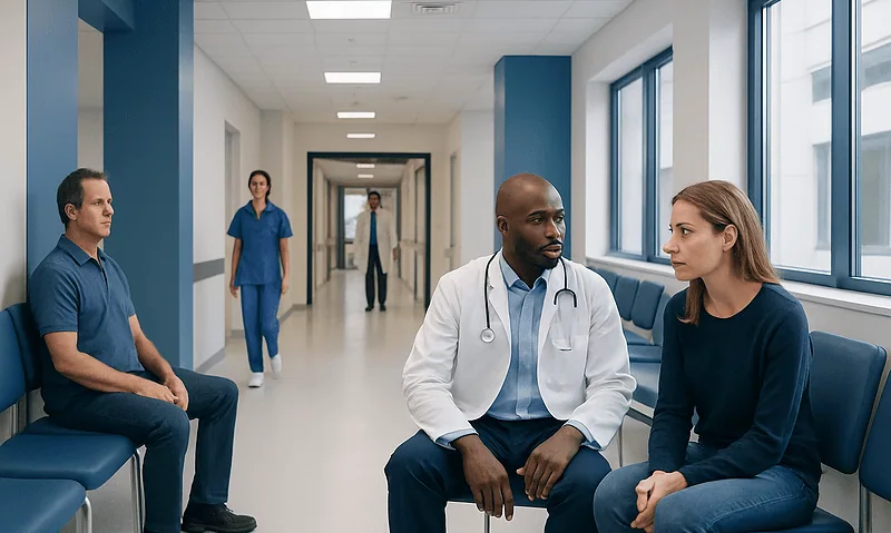 Doctor consulting with a female patient in a hospital corridor.