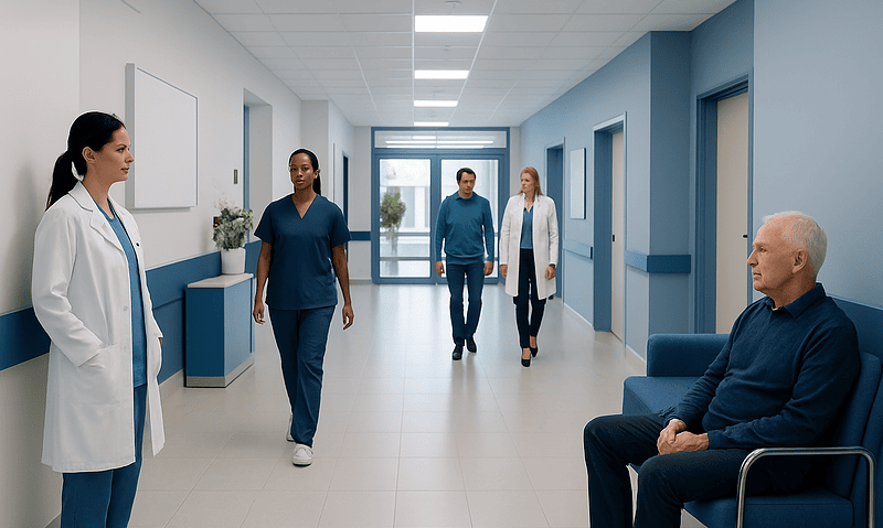 Hospital corridor with medical staff and patient in wheelchair.