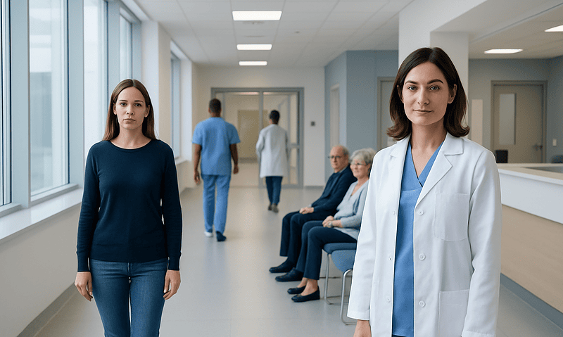 Healthcare professionals and patients in a modern hospital corridor.