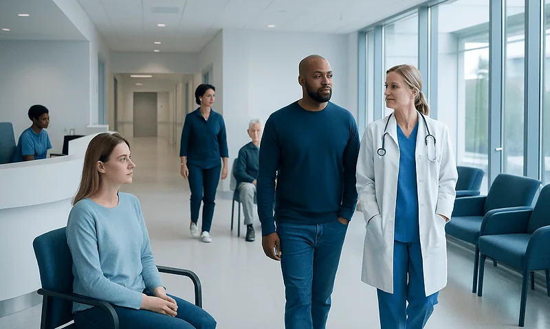 Healthcare professionals and patient in a modern hospital corridor.