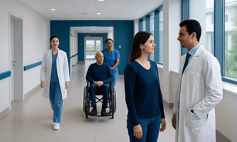 Medical team discussing patient care in hospital corridor with wheelchair.