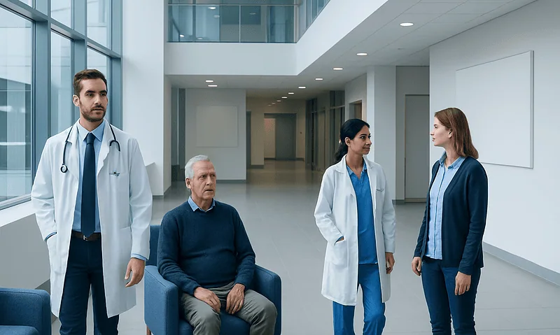 Medical team consulting with patient in modern hospital corridor.