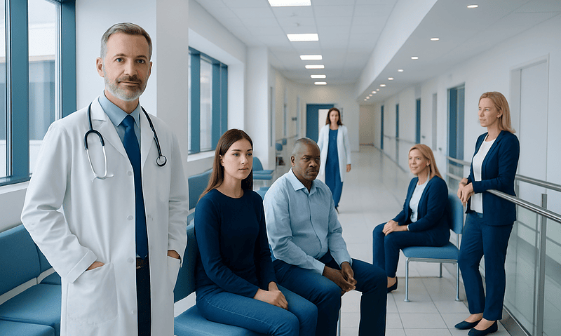 Medical team in hospital corridor with doctor and patients.