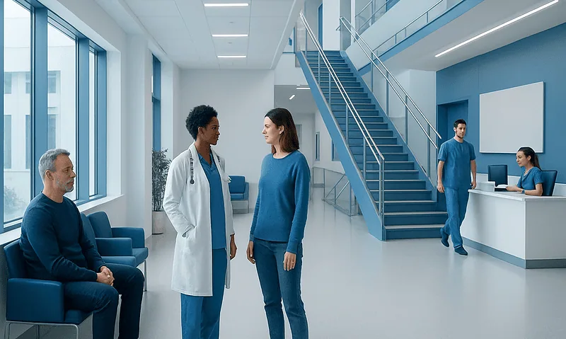 Hospital waiting area with medical staff and patient in modern healthcare facility.