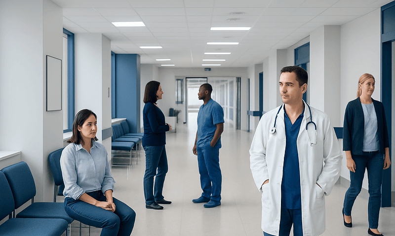 Medical professionals and patient in hospital corridor at Acibadem Hospitals Group.