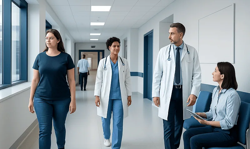 Medical professionals and a patient in a hospital corridor.