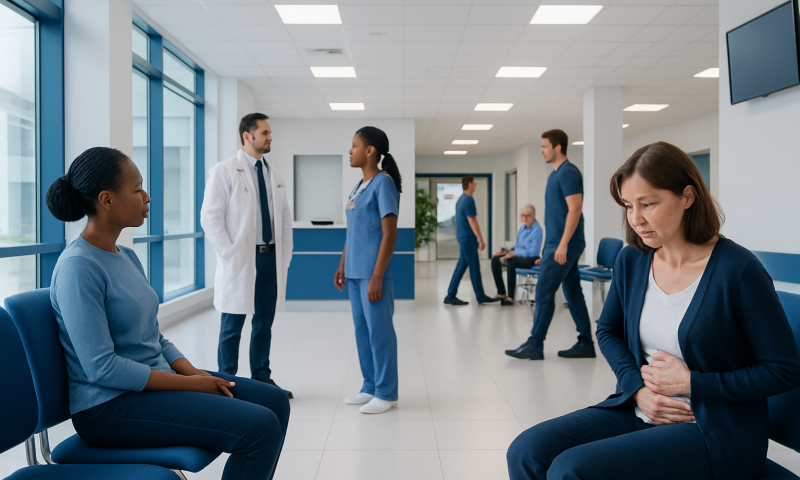 Patients and healthcare professionals in a hospital corridor.