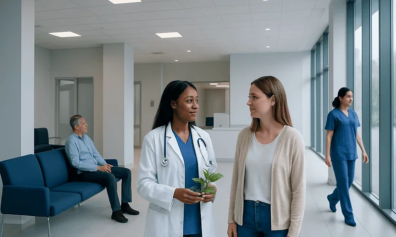 Healthcare professionals and patient in a modern hospital corridor.