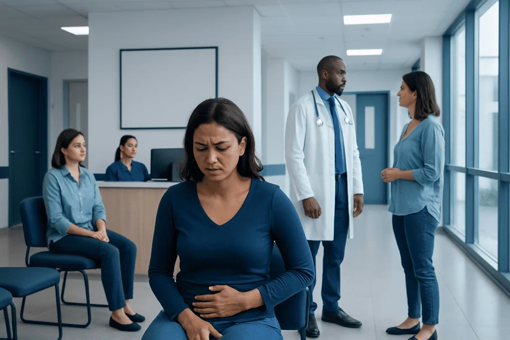 Symptoms of Sexually Transmitted Infections in Women Explained: Common Triggers and Red Flags 1 Woman experiencing abdominal pain in a medical clinic.