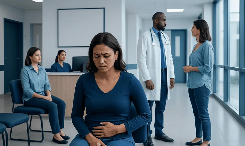 Woman experiencing abdominal pain in a medical clinic.