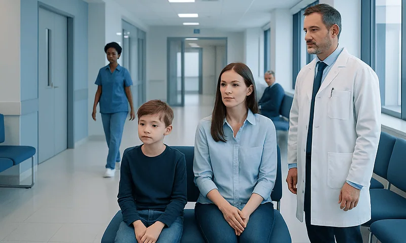 Doctor consulting young patient and guardian in hospital corridor.