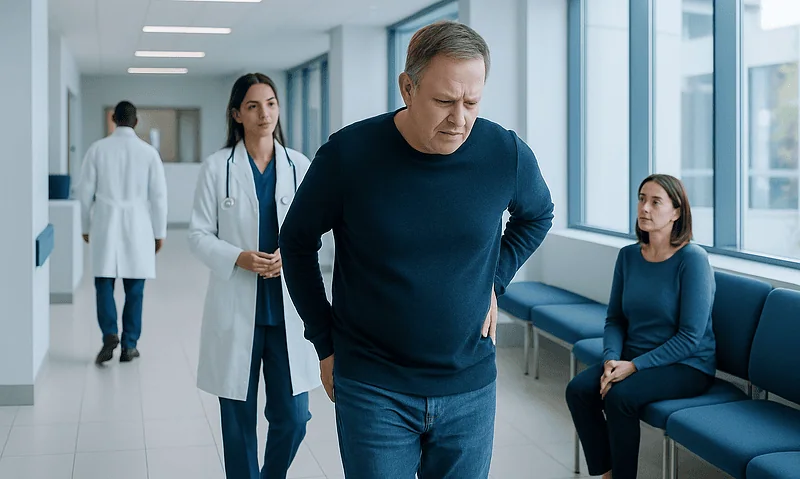 Understanding Stiff Person Disease: A Complete Patient Guide 9 Patient experiencing back pain in hospital corridor with medical staff nearby.