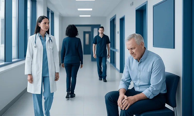 Patient experiencing knee pain in hospital corridor with medical staff nearby.