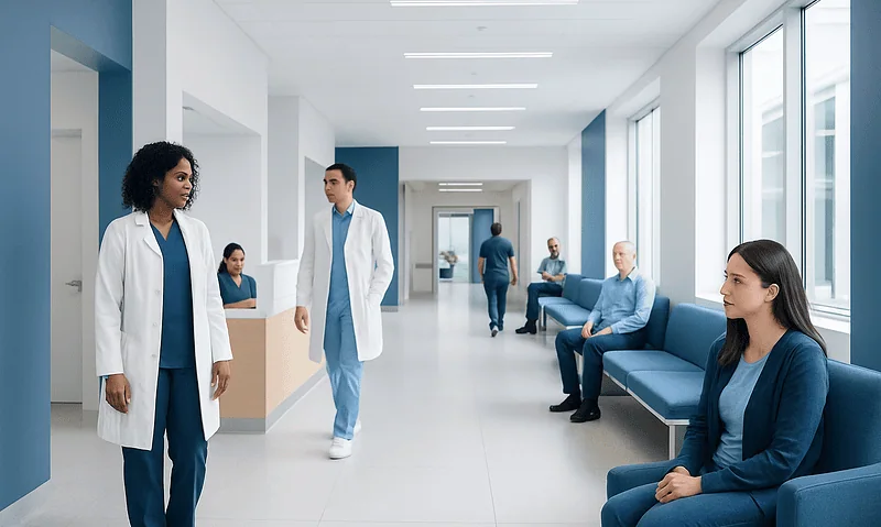 Modern hospital corridor with doctors and patients in a healthcare setting.