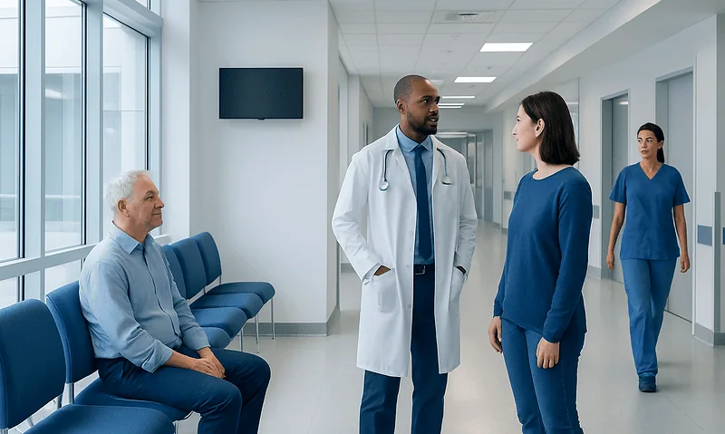 Doctor consulting with patient in hospital corridor at Acibadem Hospitals Group.