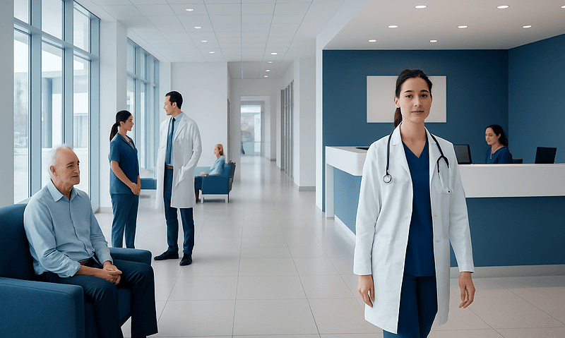 Modern hospital lobby with medical staff and patient in a bright, clean environment.