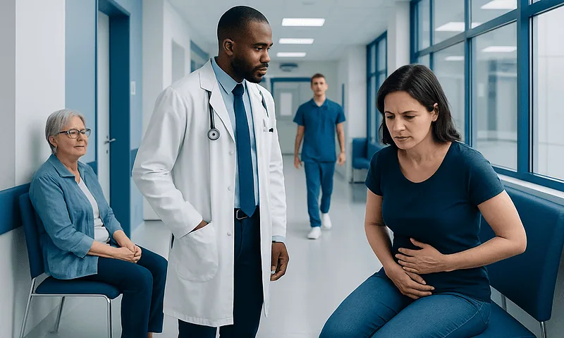 Doctor examining a woman with stomach pain in a hospital corridor.