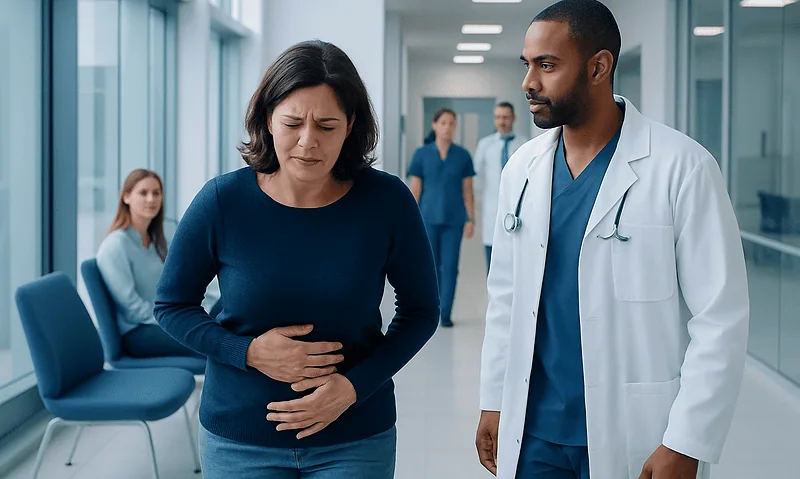 Patient experiencing stomach pain in hospital corridor with doctor nearby.
