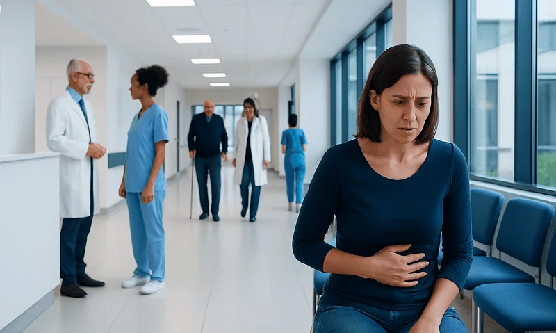 Woman experiencing stomach pain in hospital corridor with medical staff nearby.