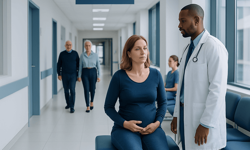 Pregnant woman consulting with doctor in hospital corridor.