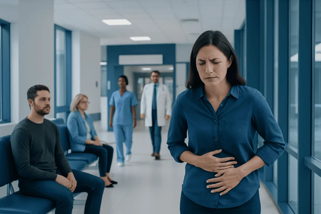 Stomach Pain: Possible Causes and When to Seek Care 1 Woman with stomach pain in hospital corridor with medical staff and patients.