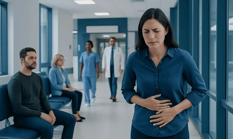 Woman with stomach pain in hospital corridor with medical staff and patients.