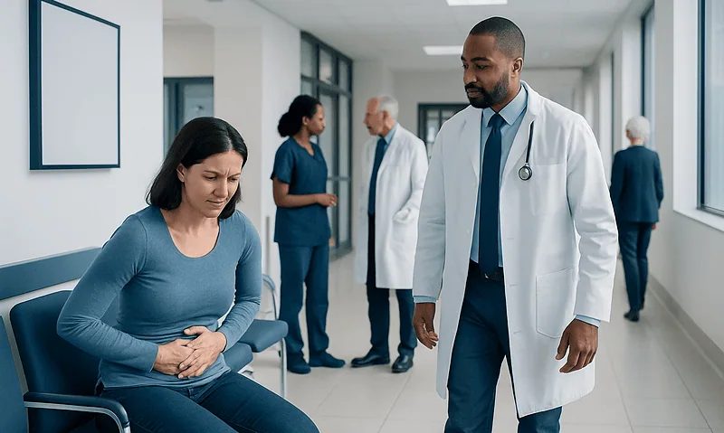 Doctor examining a woman with stomach pain in a hospital corridor.